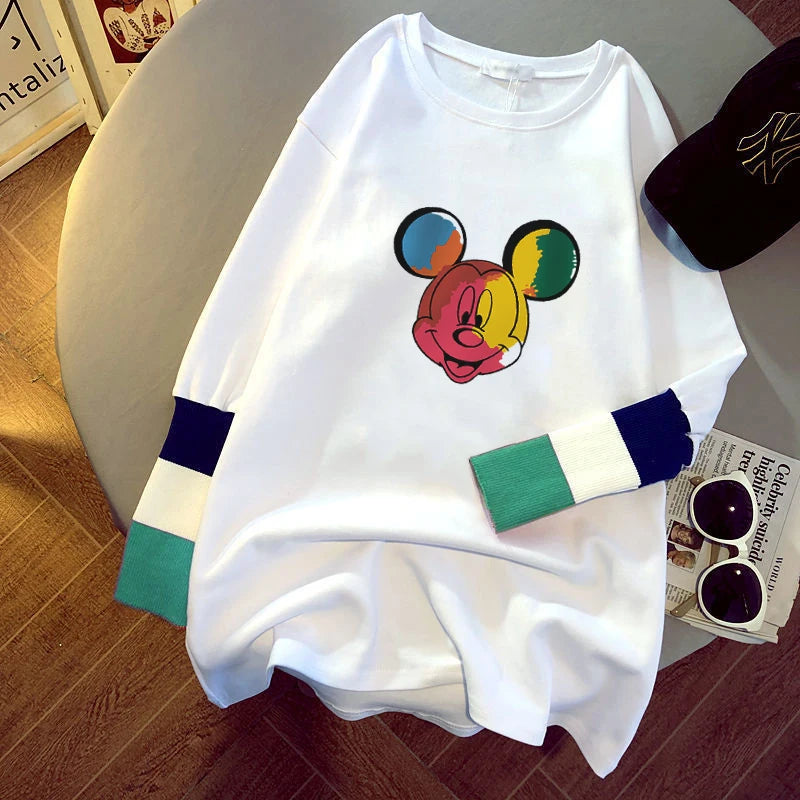 new women's blouse cartoon printing stitching sleeves white long-sleeved T-shirt ladies casual pullover C6330# 724GoShop