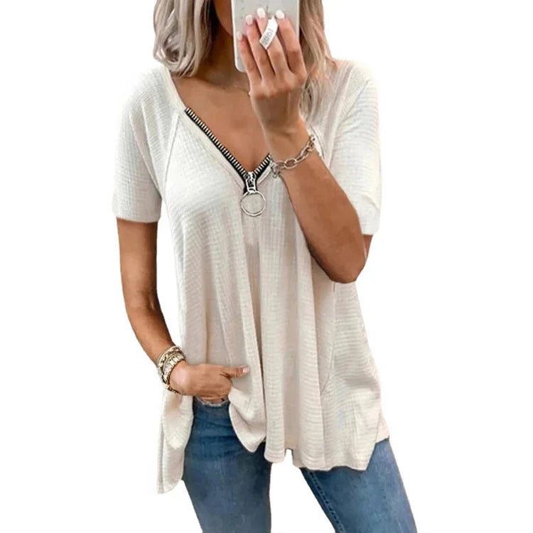 Plus Size Women Short Sleeve T-shirt Zipper Loose Women's Top Clothing Te Shirt 3 724GoShop