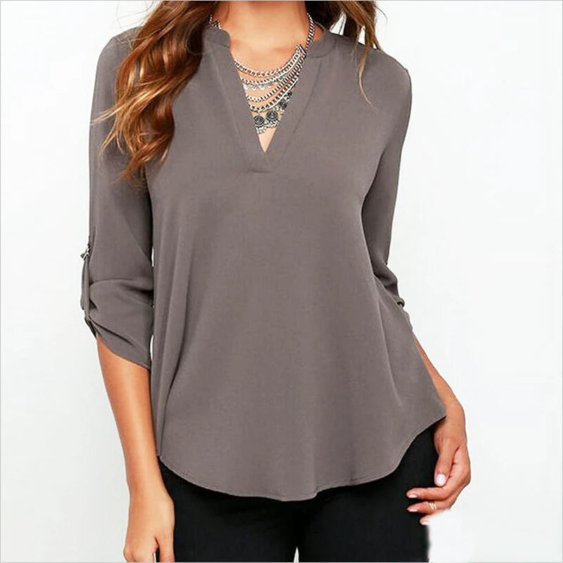 tops plus size women's V-neck long-sleeved pleated sleeve loose chiffon shirt Gray 724GoShop