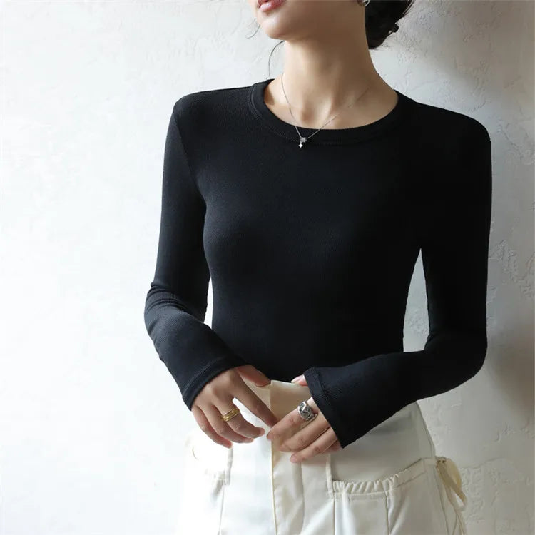 Long Sleeve Top Tshirts For Women Slim O Neck Clothes Basic Soild Tee Shirt Black 724GoShop