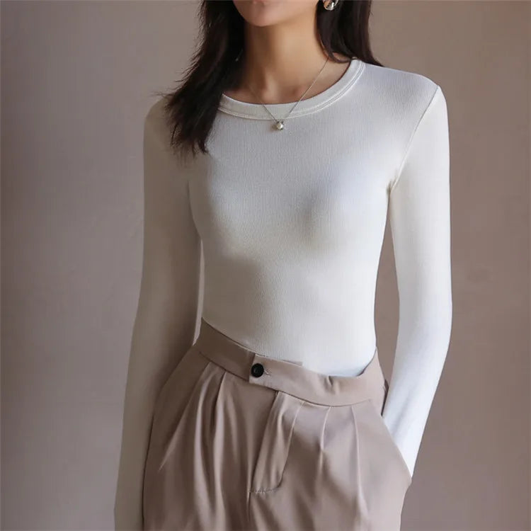 Long Sleeve Top Tshirts For Women Slim O Neck Clothes Basic Soild Tee Shirt 724GoShop