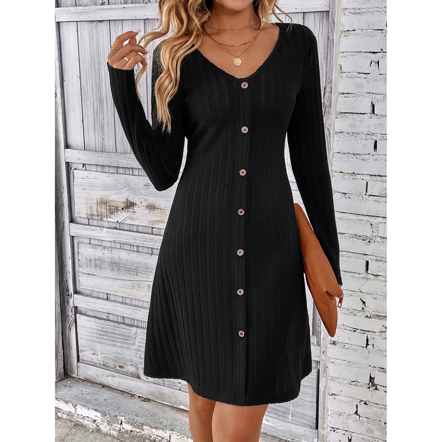 Women's Long Sleeve Solid Color Dress Botton Loose High Waist A-line V-Neck Women's Clothes Casual Dress Black 724GoShop