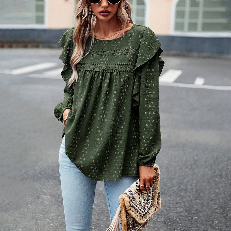 Shirts for Women Chic Elegant Ruffles Casual Full Sleeve Blusas Office Ladies Elegant Fashion Tops green 724GoShop