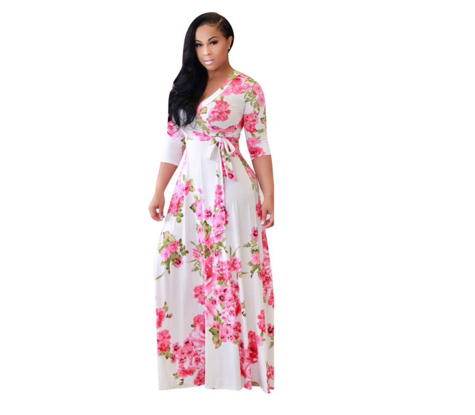 Summer Fashion Europe and America Women V-neck Printing Flower Long Dress Ladies Plus Size Dress Pink 724GoShop