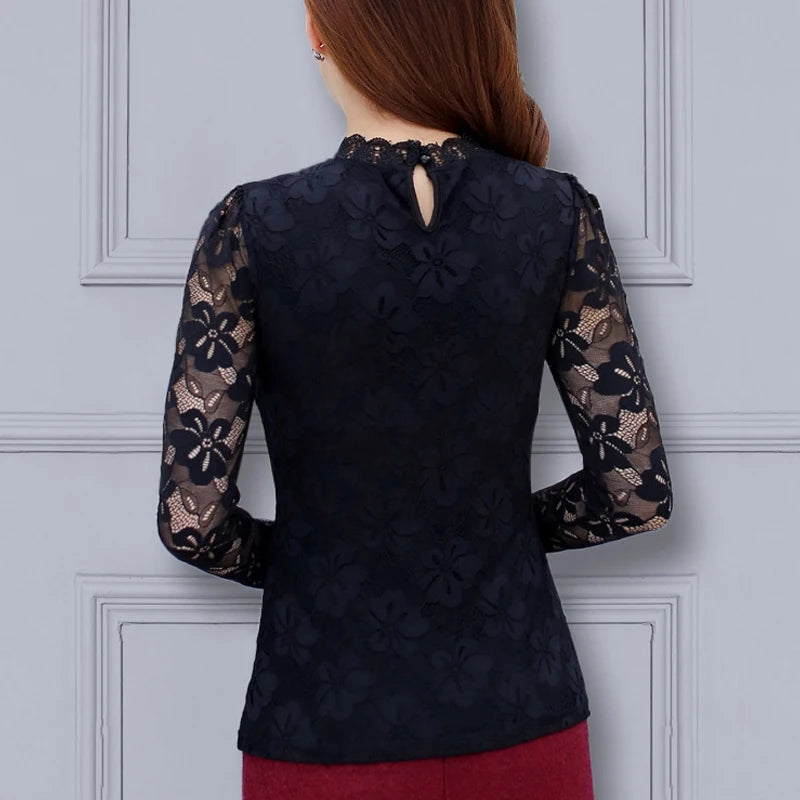 Women's Lace Stand Mandarin Collar Base Long Sleeve Outwear Lady's Elegant Blouse Tops Shirt 724GoShop