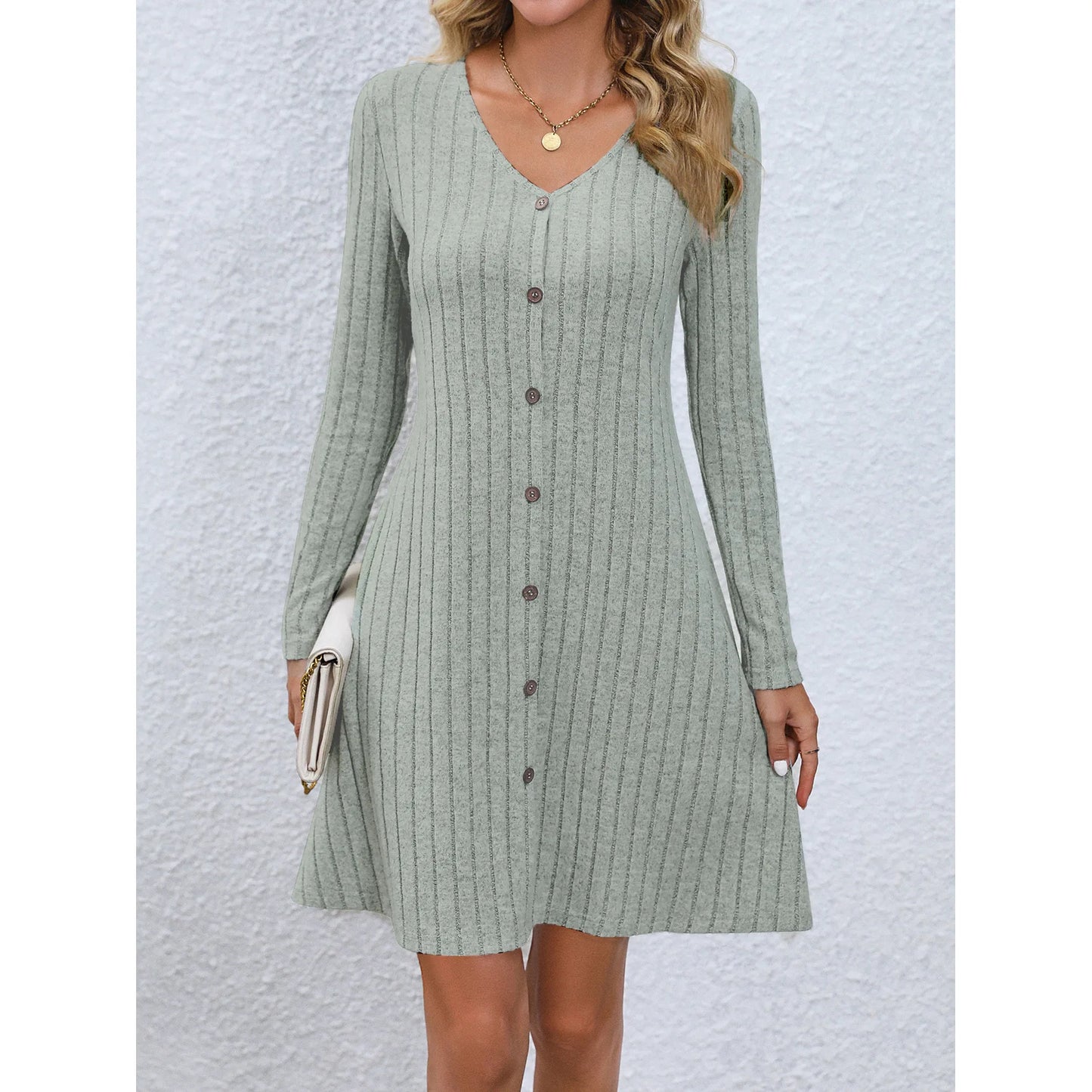 Women's Long Sleeve Solid Color Dress Botton Loose High Waist A-line V-Neck Women's Clothes Casual Dress 724GoShop