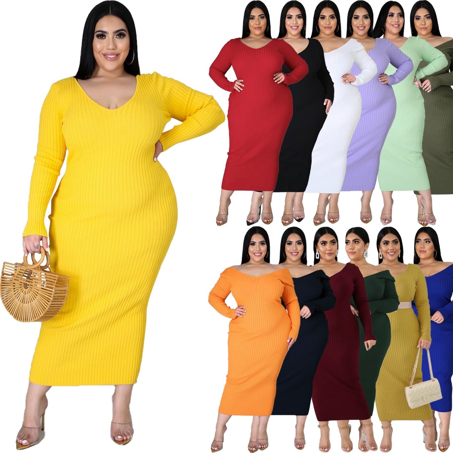 ZHEZHE Winter autumn fashion long sleeve knitted dress plus size 5XL women sweater dresses casual 724GoShop