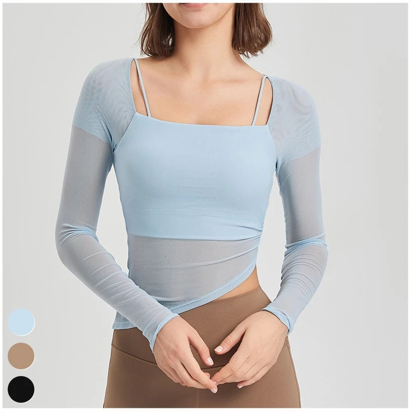 Quick Dry Tshirt Breathable Mesh Square Neckline Sports Tops Women Long Sleeve 724GoShop