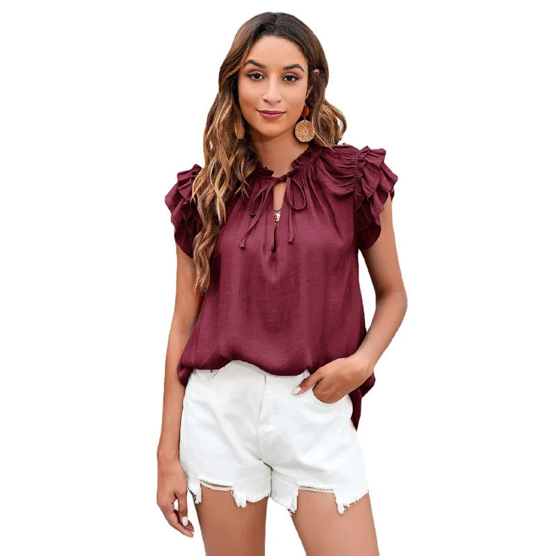 High Quality Clothes Color Ruffled Sleeve Elegant V-neck Summer Tops For Women Burgundy 724GoShop