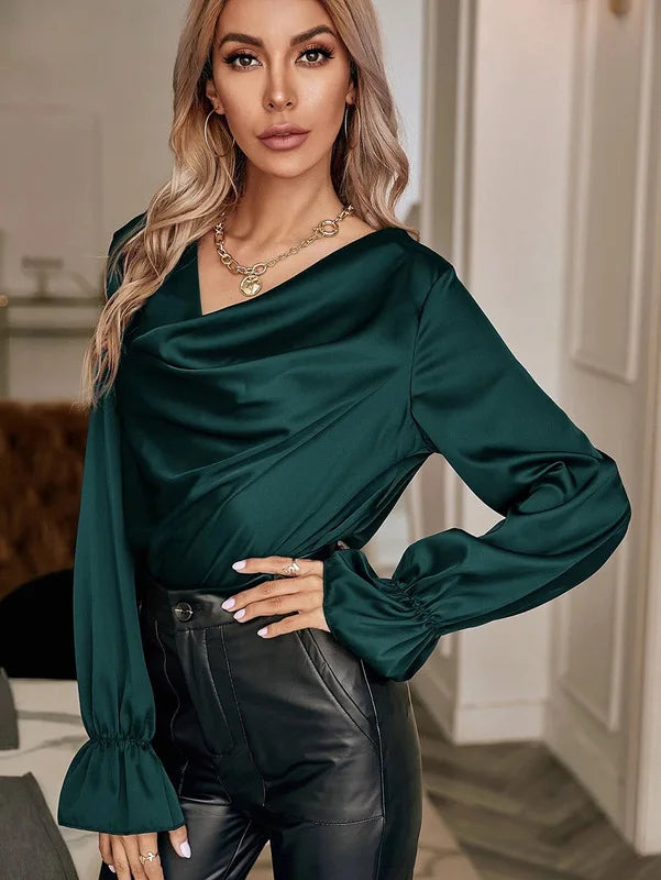 fall tops elegant temperament satin pullover fashion straight shirts for women Dark green 724GoShop