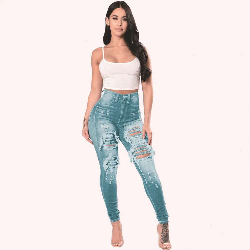 Women Plus Size Ripped Stretch Jeans Distressed High Waisted Jean Pants Skinny Denim Jeans Pant Light Blue 724GoShop