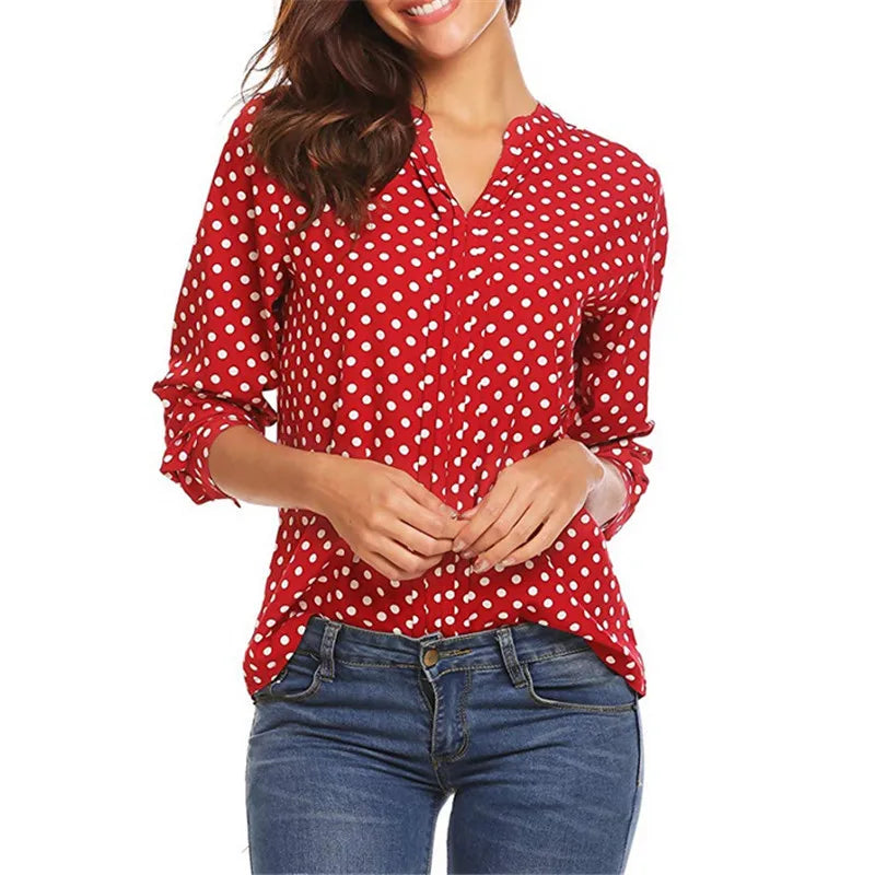 Women Polka Dot Printed V-neck Long Sleeve Roll Sleeve Loose Blouse Red 724GoShop