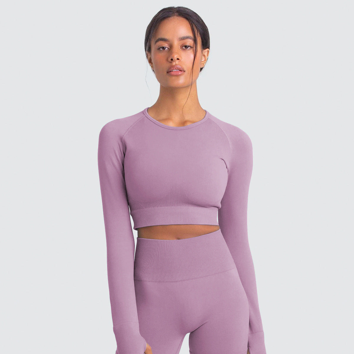 Seamless Pure Color Fitness Slim Breathable Tops Yoga Sports Gym Tight Long Sleeve Shirt For Women Light purple 724GoShop