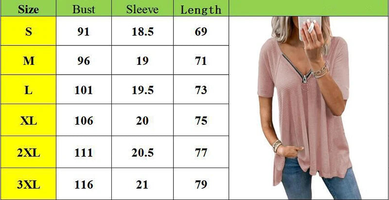 Plus Size Women Short Sleeve T-shirt Zipper Loose Women's Top Clothing Te Shirt 724GoShop