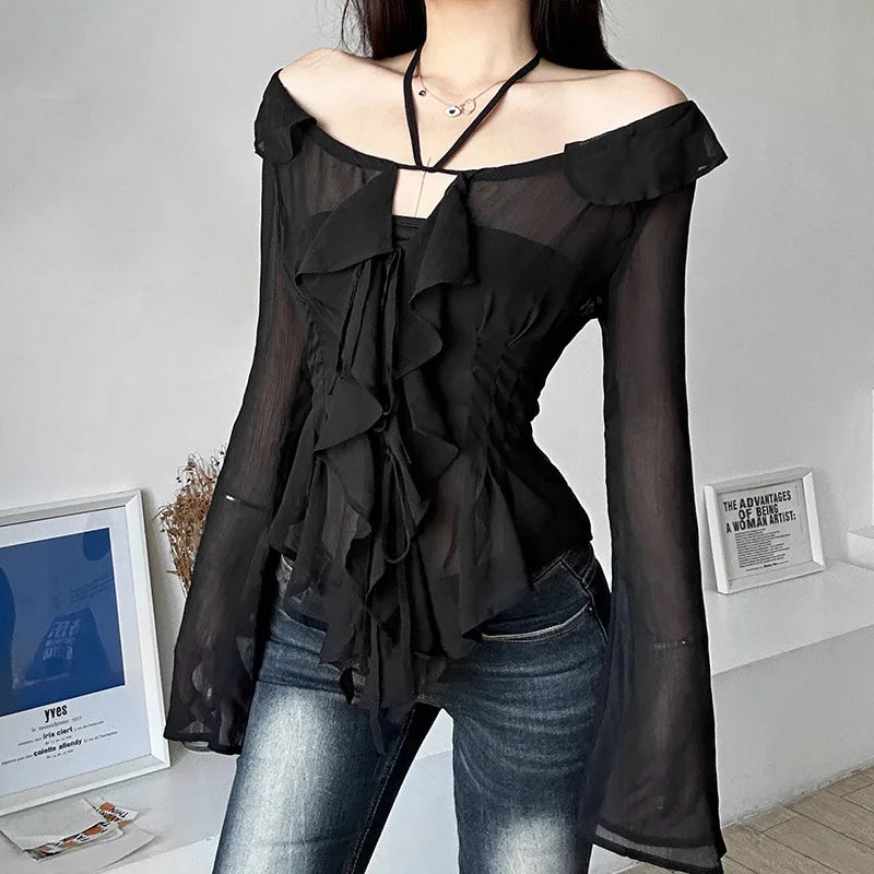 Women T-shirts Sexy Deep V Neck See-Through Long Sleeve Crop Tops 2 724GoShop