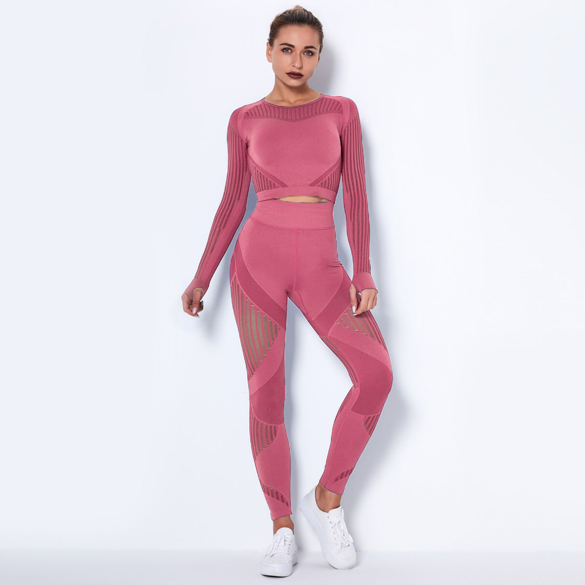 Women High waist Fitness Leggings Sport Set Tracksuit Workout Long Sleeve Seamless Yoga Clothes watermelon red 724GoShop