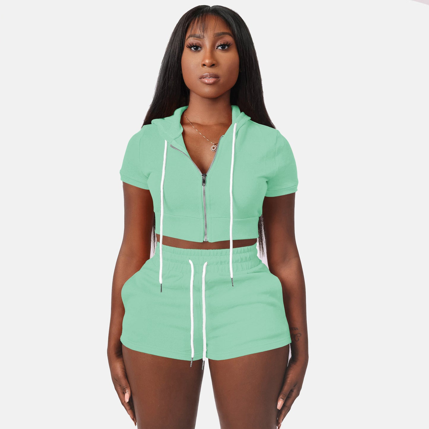 Top Hoodie Two Piece Set Women Clothing Light Green 724GoShop