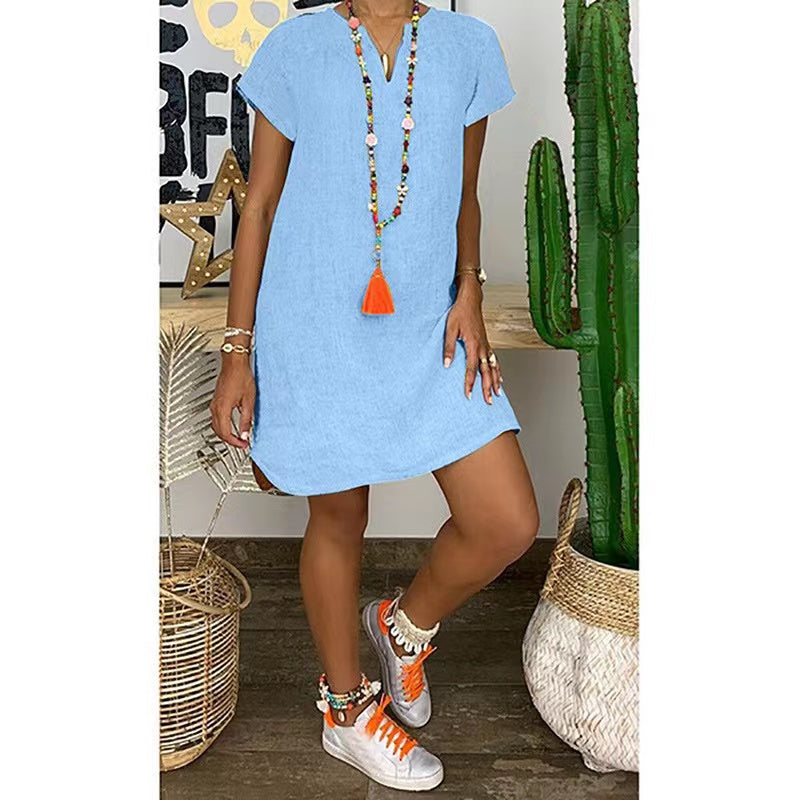 Summer Casual Dresses 2022 Loose Solid Color Short-sleeve V-neck Cotton And Linen Dress Sky Blue 724GoShop