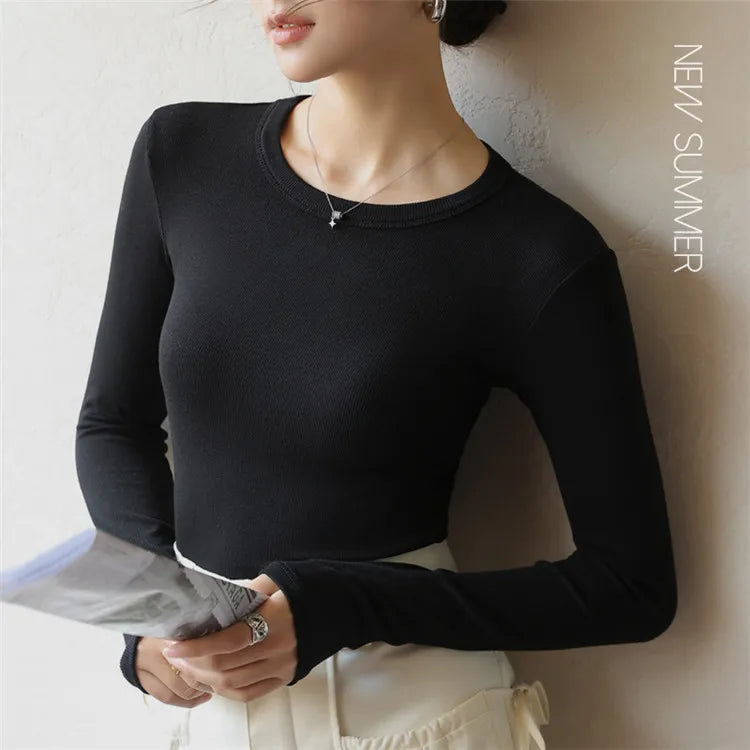 Long Sleeve Top Tshirts For Women Slim O Neck Clothes Basic Soild Tee Shirt 724GoShop