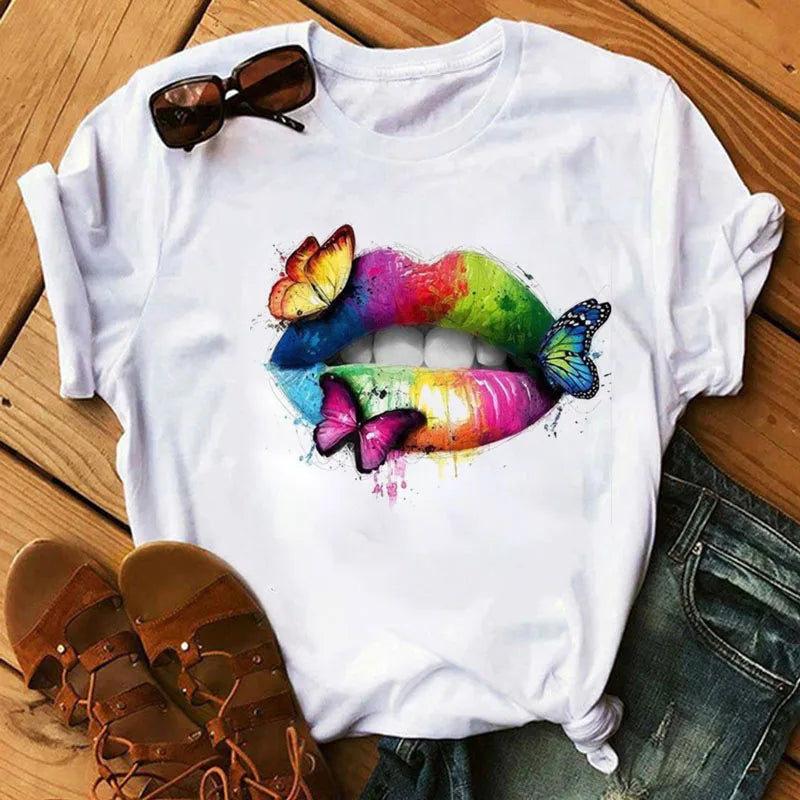 T-Shirt Women'S Short Sleeve Boutique Lip Custom Tshirt Printing Graphic T Shirts 724GoShop