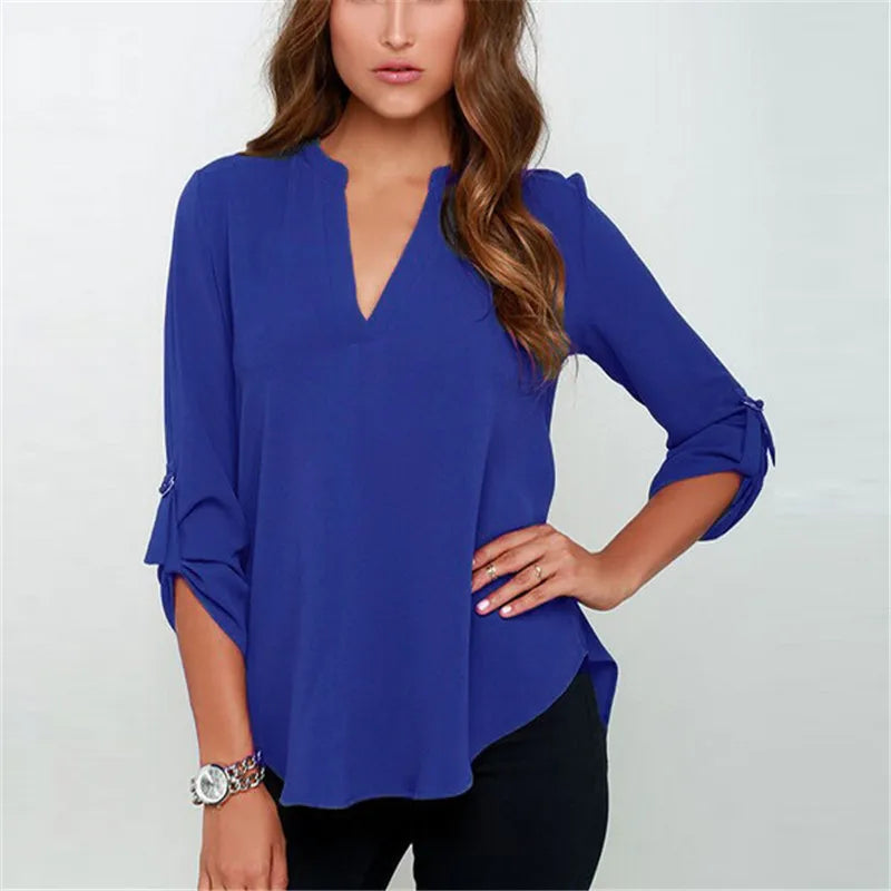 tops plus size women's V-neck long-sleeved pleated sleeve loose chiffon shirt Blue 724GoShop