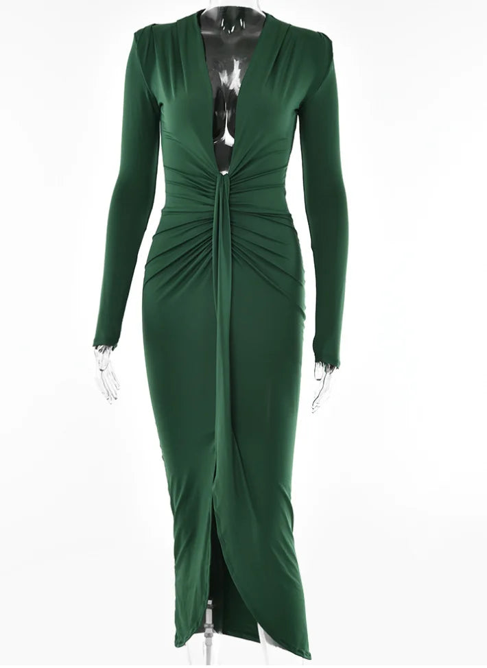 Liu Ming 2023 Fashion Women Clothes Sexy V Neck Long Sleeve Pleated Maxi Bodycon Dress green 724GoShop