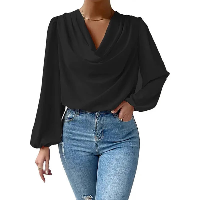 European And American Long Sleeve V -Neck Women'S T-Shirt Black 724GoShop