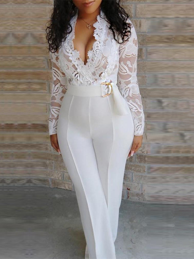 Women's trousers pants one piece jumpsuits spring summer European and American lace white rompers jumpsuit plus size pants 724GoShop