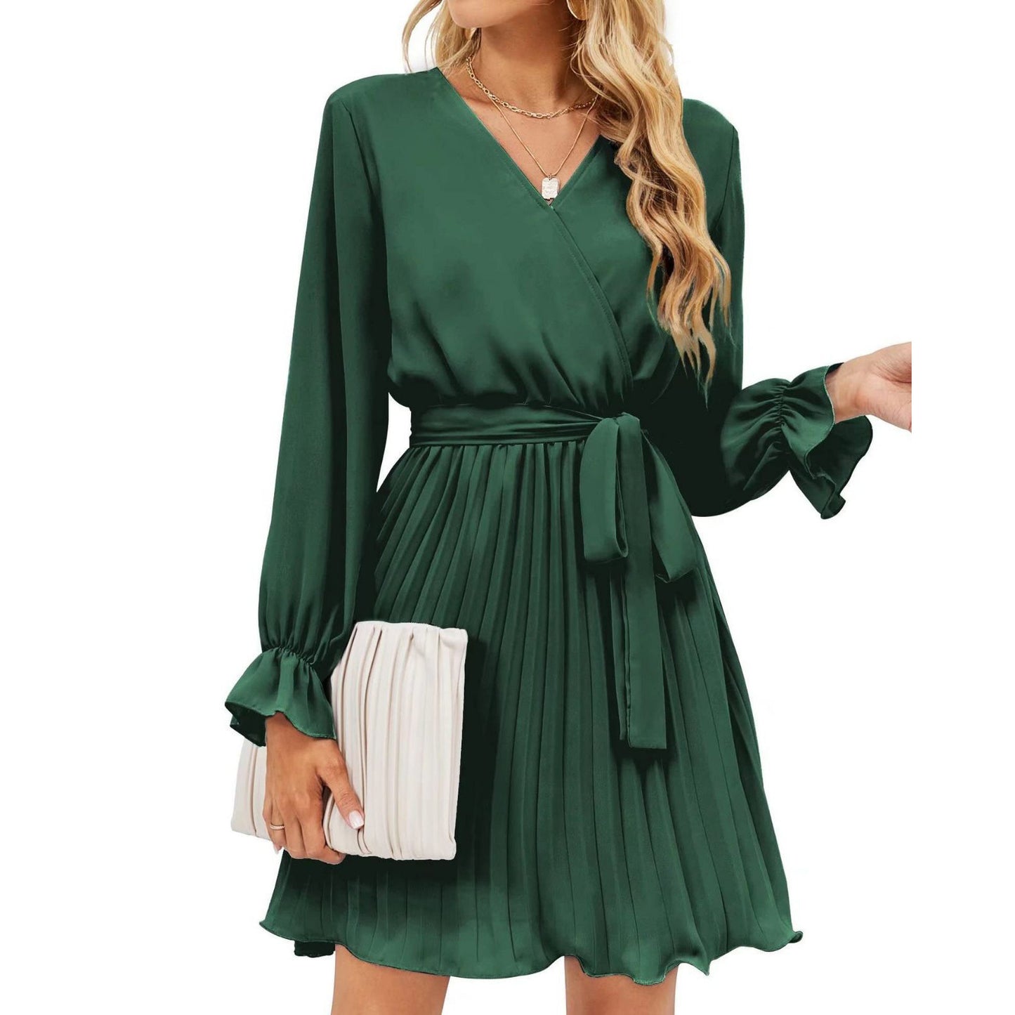 Women's Fashion Dress Long Sleeve Elegant Dress Casual V-neck Pleated Mini Dress with Belt 724GoShop