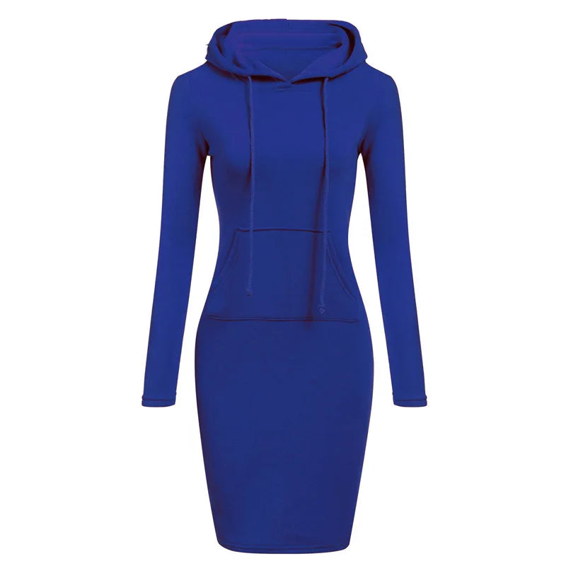 Autumn And Winter Fashion Solid Color With Pocketst Hoodie Dress Slim Womens tracksuit Dresses Casual Hoodie Sweatshirt Dress Blue 724GoShop