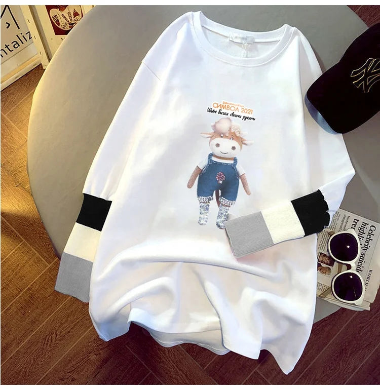 new women's blouse cartoon printing stitching sleeves white long-sleeved T-shirt ladies casual pullover 724GoShop