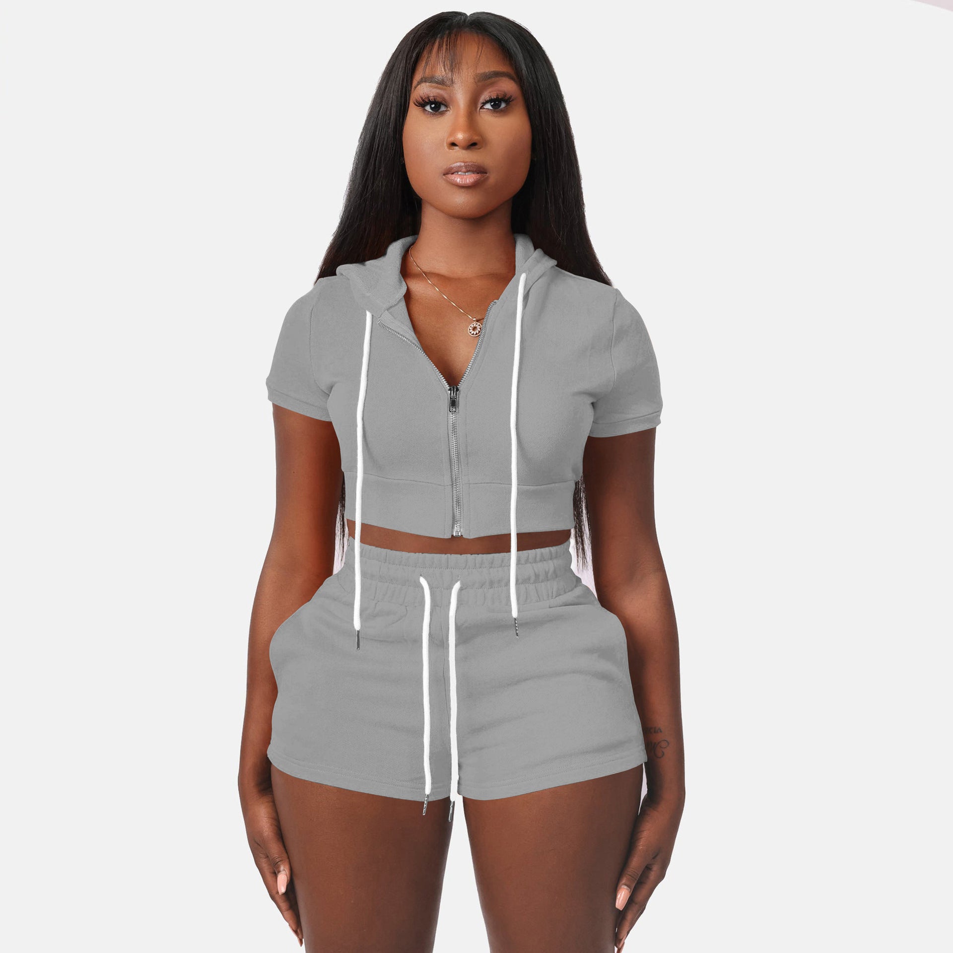 Short Set Women's Two Piece Sports Crop Top Hoodie Jogger Set Gray 724GoShop