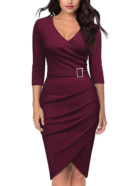 spring summer fall womens clothes three-quarter sleeve V-neck office dinner party ladies dress women lady elegant casual dresses Burgundy 724GoShop