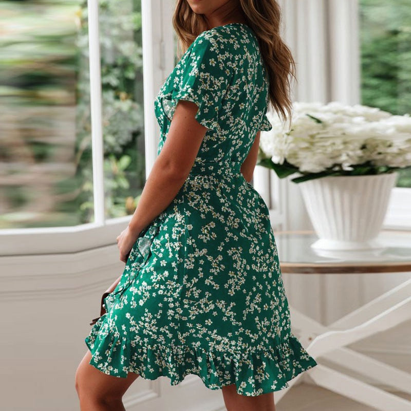 Women Dresses Summer 2020 Sexy V Neck Floral Print Boho Beach Dress Ruffle Short Sleeve A Line Mini Dress Wrap Sundress Robe 724GoShop