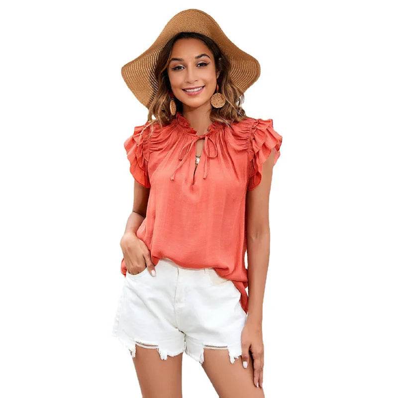 High Quality Clothes Color Ruffled Sleeve Elegant V-neck Summer Tops For Women Orange 724GoShop