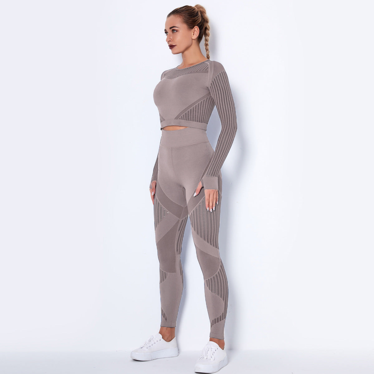 Women High waist Fitness Leggings Sport Set Tracksuit Workout Long Sleeve Seamless Yoga Clothes brown 724GoShop