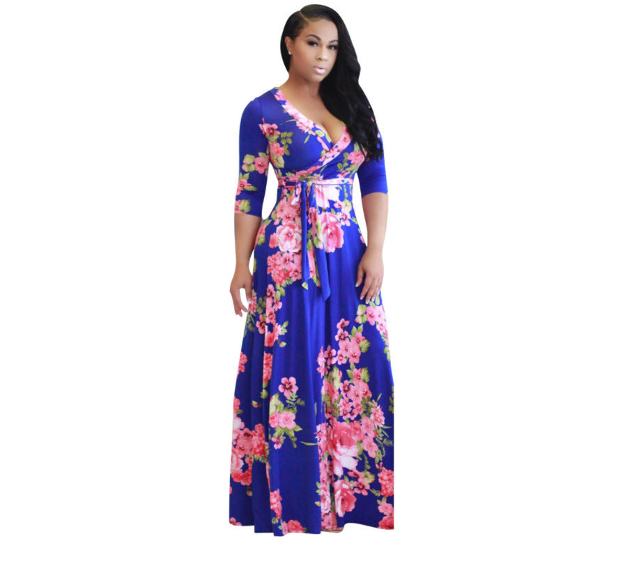 Summer Fashion Europe and America Women V-neck Printing Flower Long Dress Ladies Plus Size Dress 724GoShop