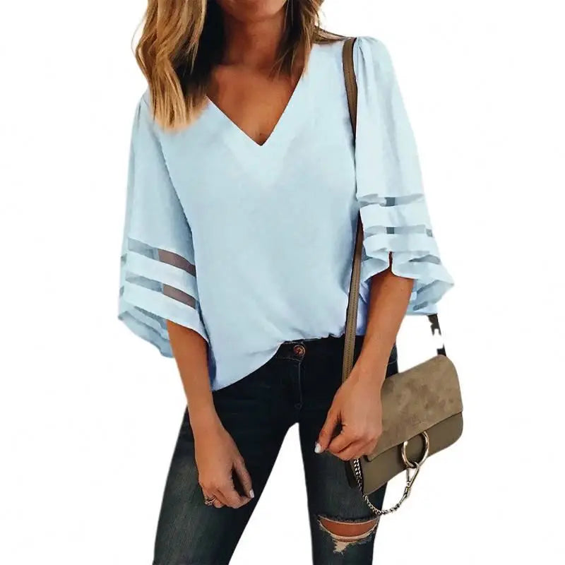 Women Solid Color Short Sleeve Loose V-neck Mesh Matching Flare Sleeve Tops T-shirt 724GoShop