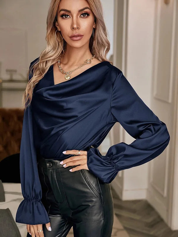 fall tops elegant temperament satin pullover fashion straight shirts for women Royal blue 724GoShop