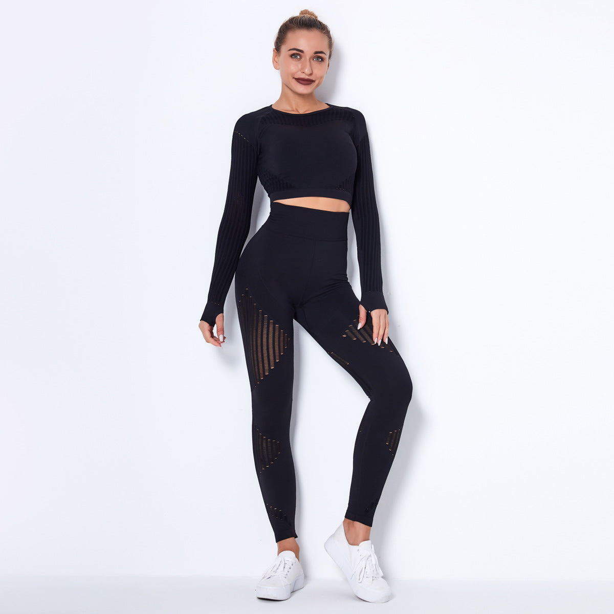 Women High waist Fitness Leggings Sport Set Tracksuit Workout Long Sleeve Seamless Yoga Clothes Black 724GoShop