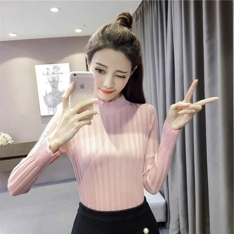 High Neck Office Lady Base Shirt Long Sleeve Thin Knitted Sweater 724GoShop