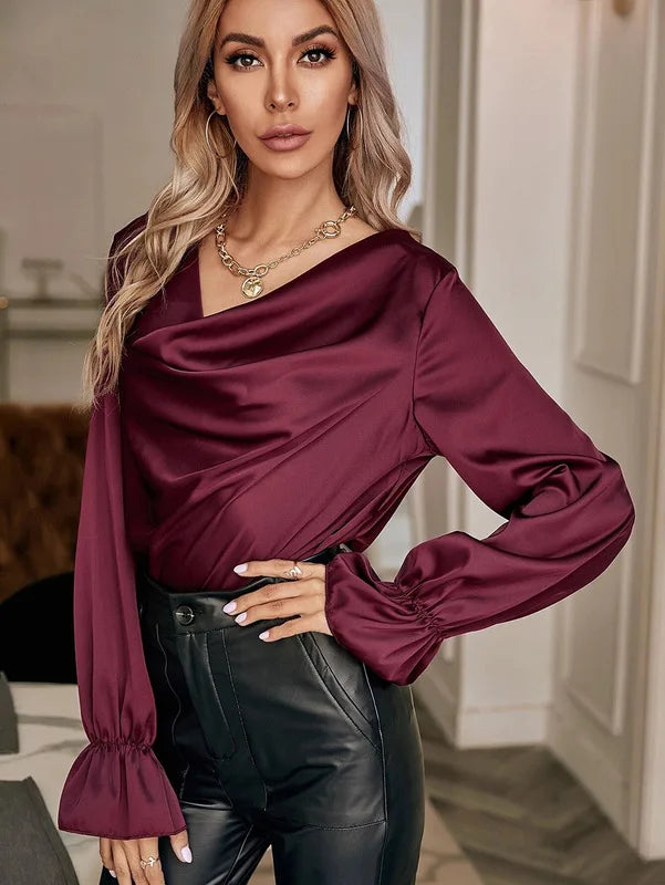 fall tops elegant temperament satin pullover fashion straight shirts for women Red wine 724GoShop