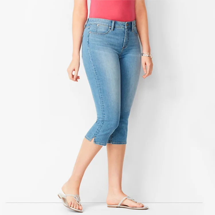 Women Denim Cropped Pants Jeans Midi Waist Shorts Retro Button Pockets Stretch Slim Casual Pants Light Blue 724GoShop