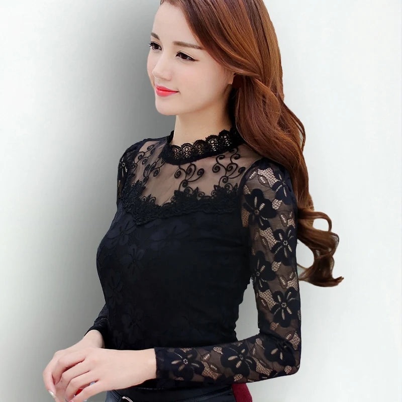 Women's Lace Stand Mandarin Collar Base Long Sleeve Outwear Lady's Elegant Blouse Tops Shirt 724GoShop