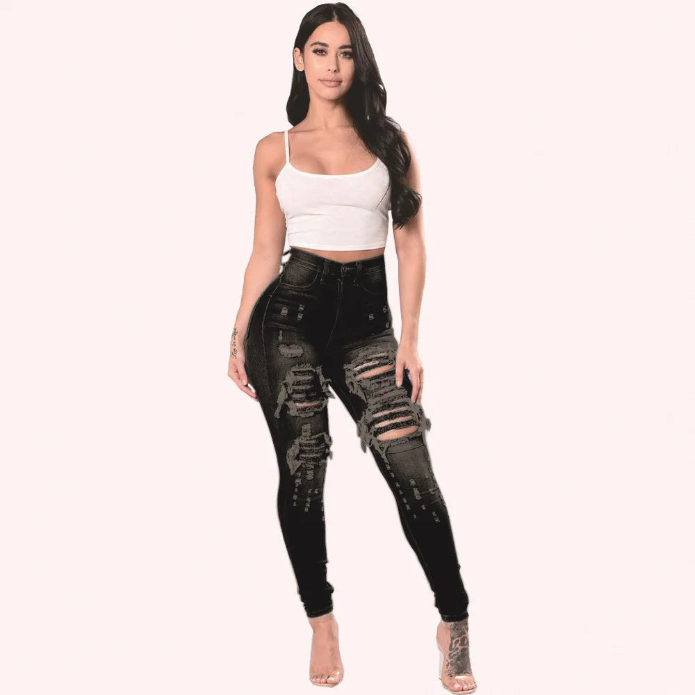 Women Plus Size Ripped Stretch Jeans Distressed High Waisted Jean Pants Skinny Denim Jeans Pant Black 724GoShop