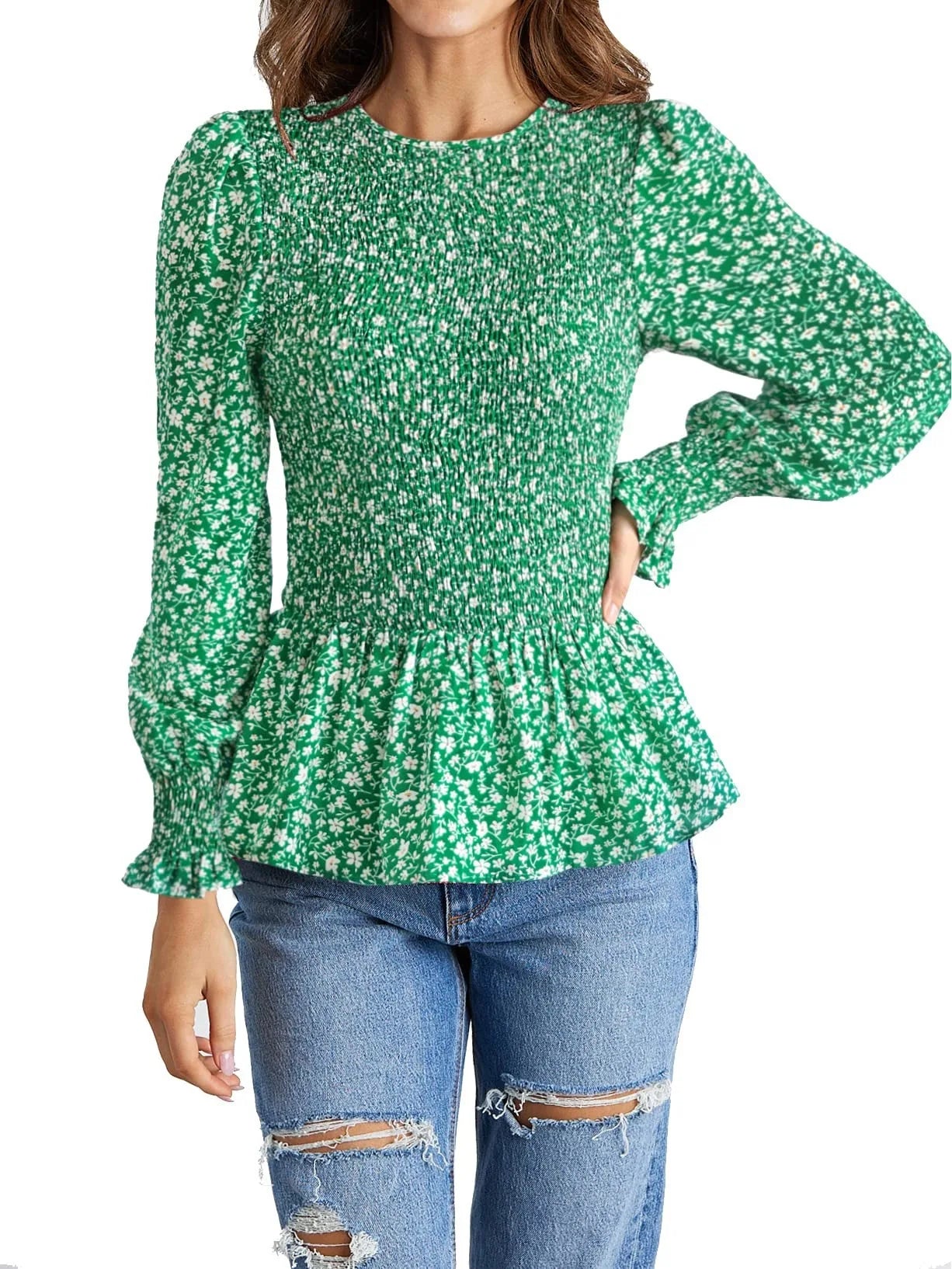 Women Blouses Pullover Denim Shirts Waist Denim Blouse green 724GoShop