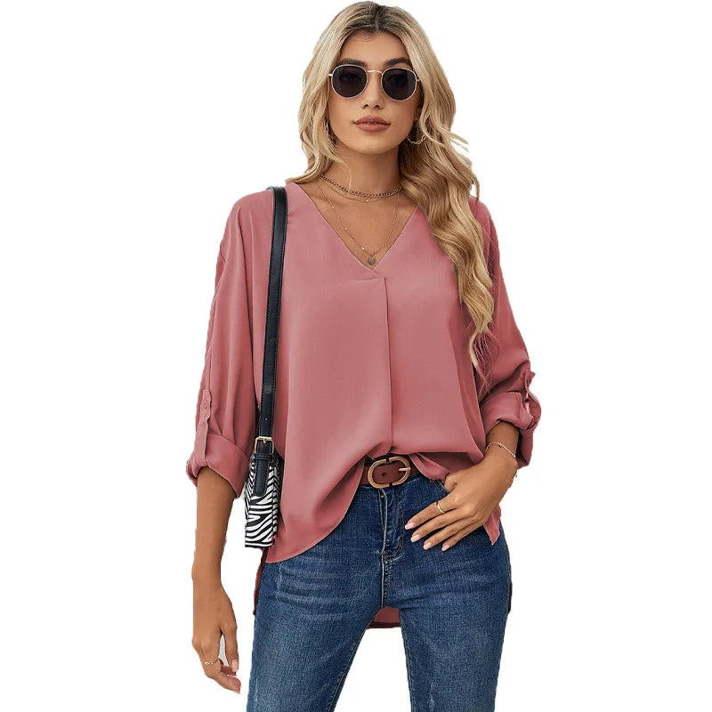 Chiffon Blouse Solid Color Fashion Women's V-neck Long Sleeve Casual Blouse For Women Pink 724GoShop