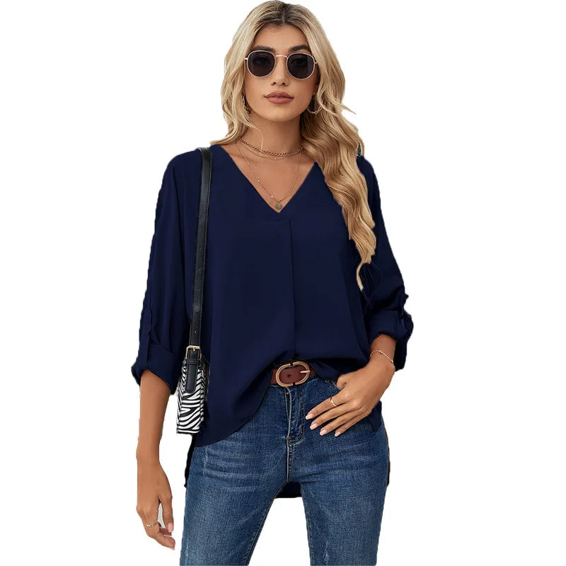 Chiffon Blouse Solid Color Fashion Women's V-neck Long Sleeve Casual Blouse For Women NAVY 724GoShop