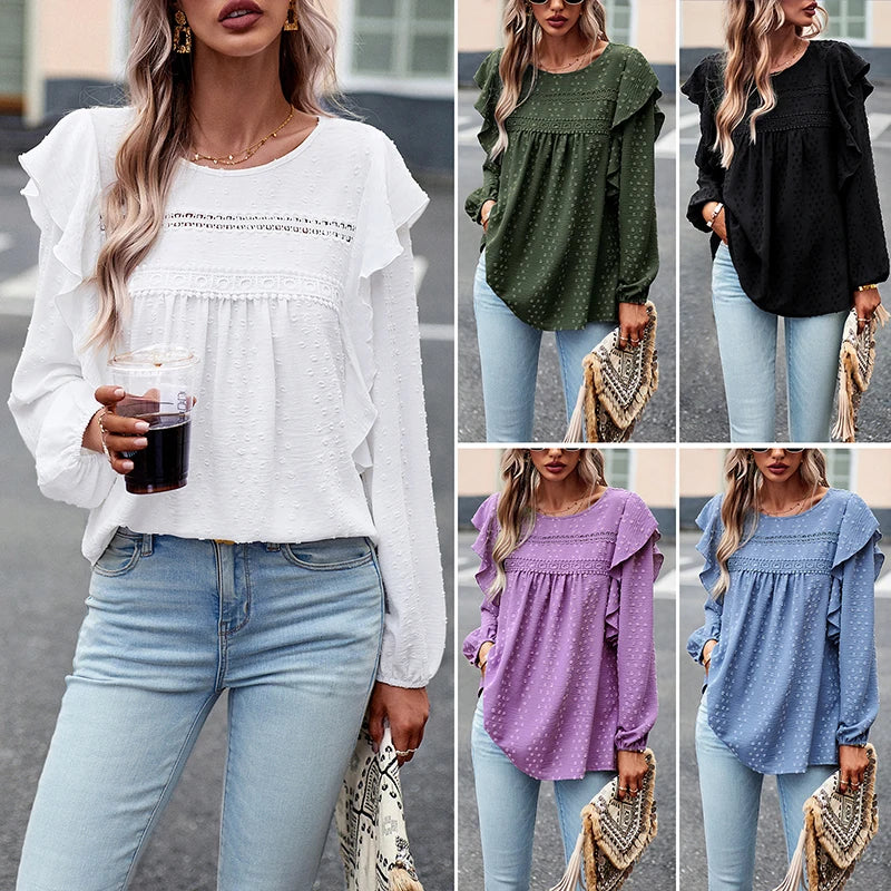 Shirts for Women Chic Elegant Ruffles Casual Full Sleeve Blusas Office Ladies Elegant Fashion Tops 724GoShop