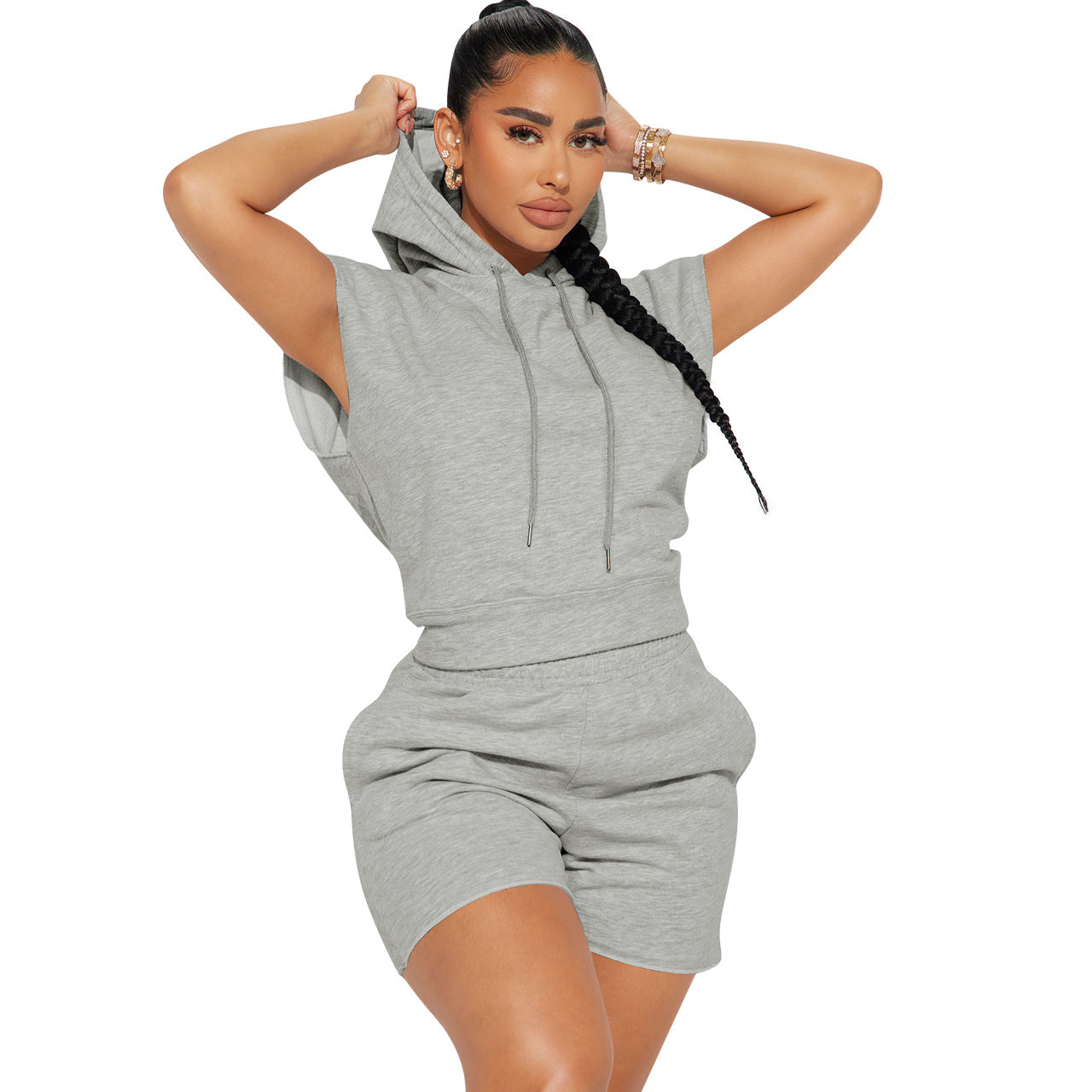 Women Hoodie And Shorts Two Piece women Gray 724GoShop